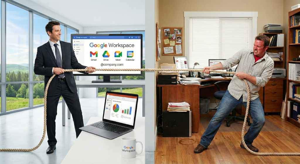 Business professional in suit and casual worker in tug-of-war showing Google Workspace versus personal Gmail comparison